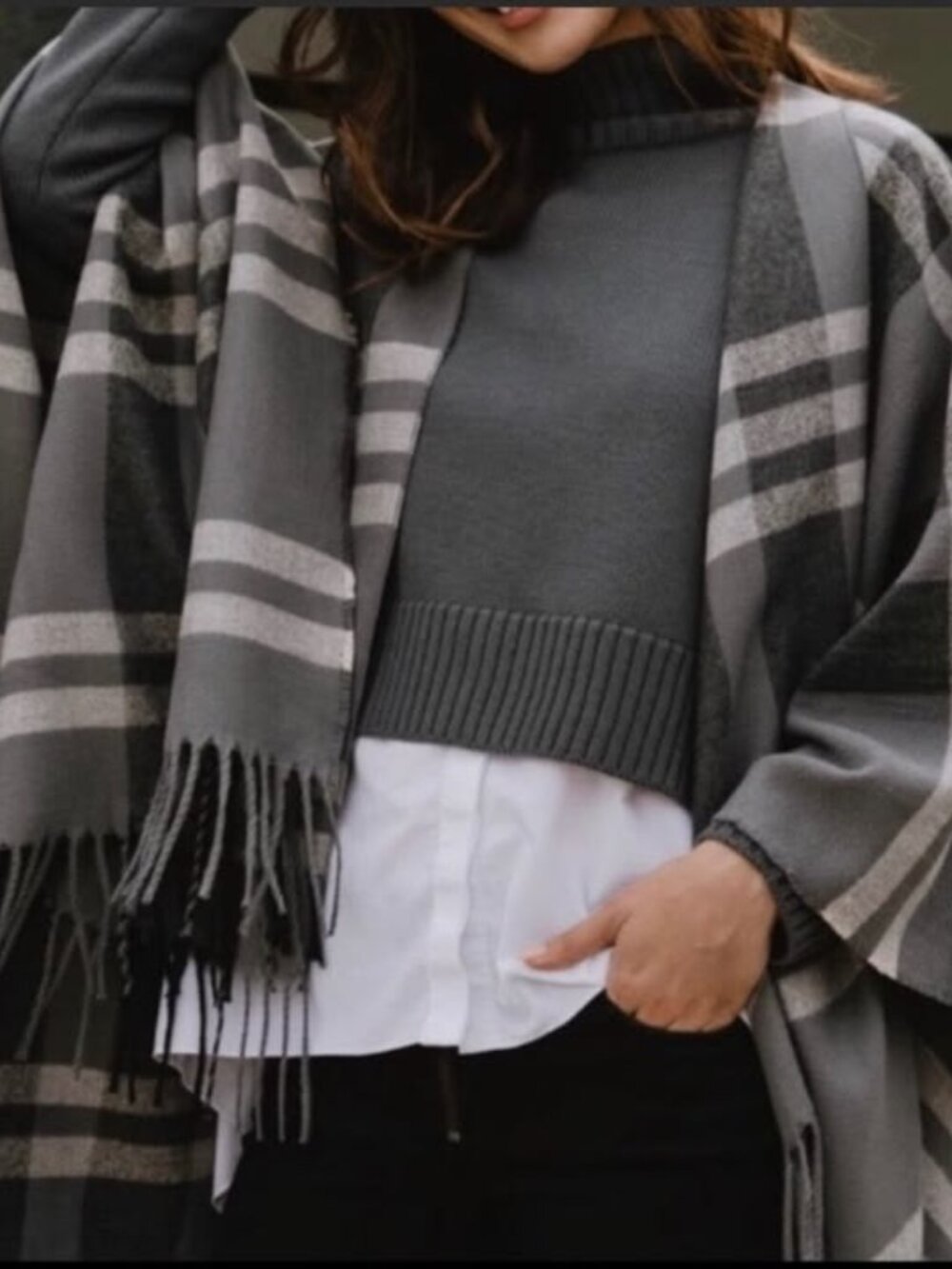 Ethical Gray Plaid Poncho Wrap Fringe, 106